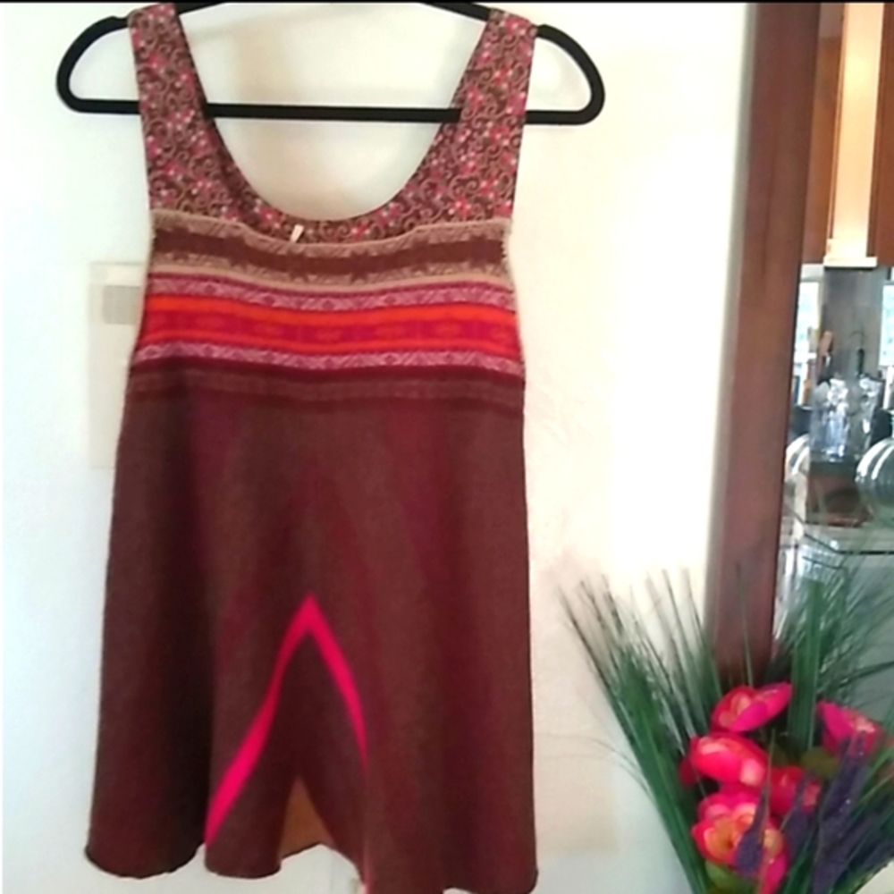 FREE PEOPLE Brown Wool & Cotton Floral Multi Textile Flowy Tank Top